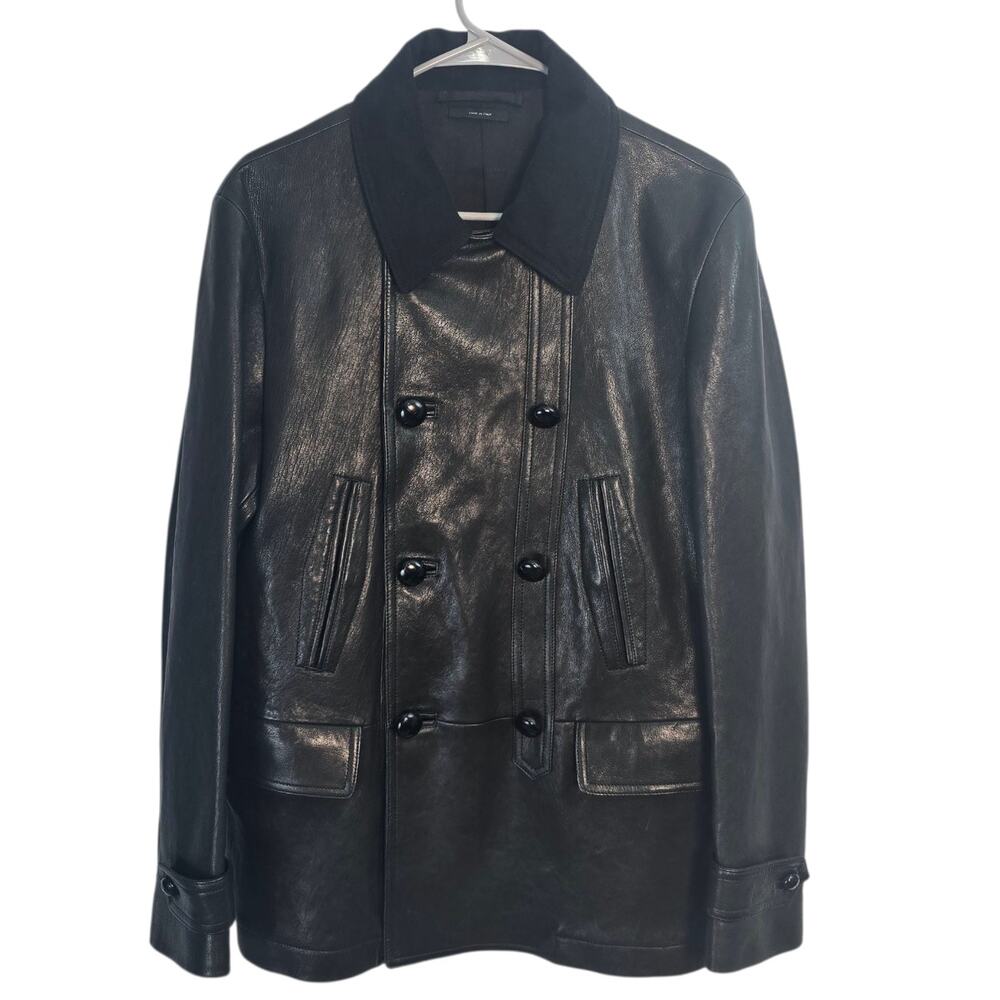 Tom Ford Lambskin Leather Double Breasted Peacoat Jacket Black Italian Size 48